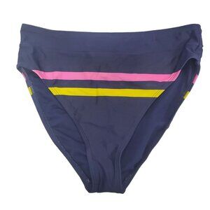SO Junior's Navy Pink Yellow Stripe High‎ Waist High Leg Bikini Bottoms Size S